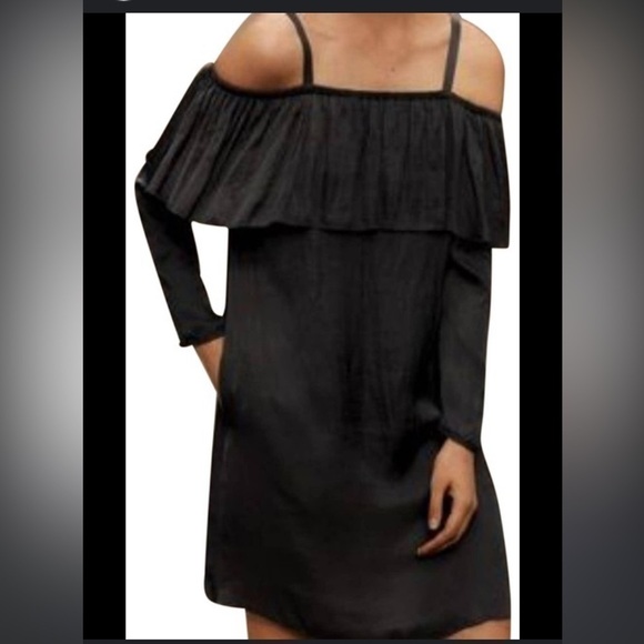 Wilfred Brosset Off Shoulder Black Satin Ruffle Dress with Pockets. Size XS. - Picture 1 of 11